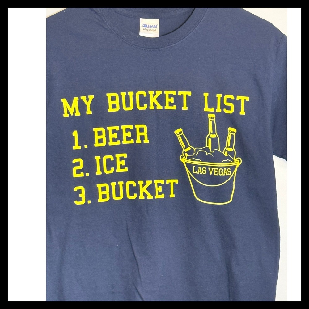 NWOT Gildan My Bucket List Las Vegas Beer Graphic T-Shirt Navy Blue Mens Small S